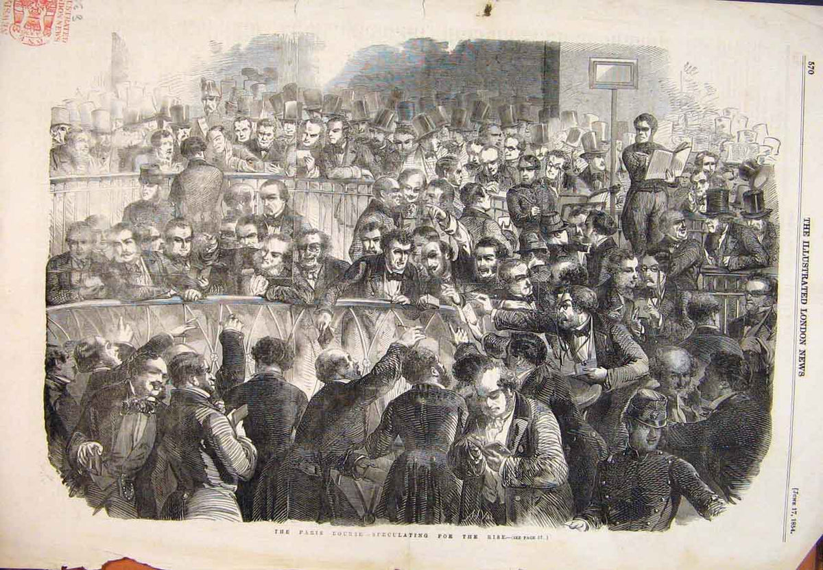 Original Old Antique Print 1854 Paris Bourse France Speculating Men People 19th