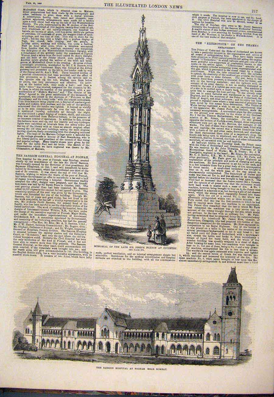 Original Old Antique Print Memorial Paxton Coventry Sassoon Hospital Bombay 1868