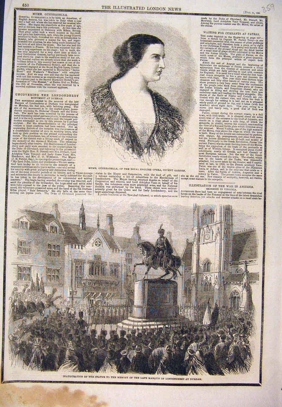 Original Old Antique Print Guerrabella Opera Statue Londonderry Durham 1861 19th