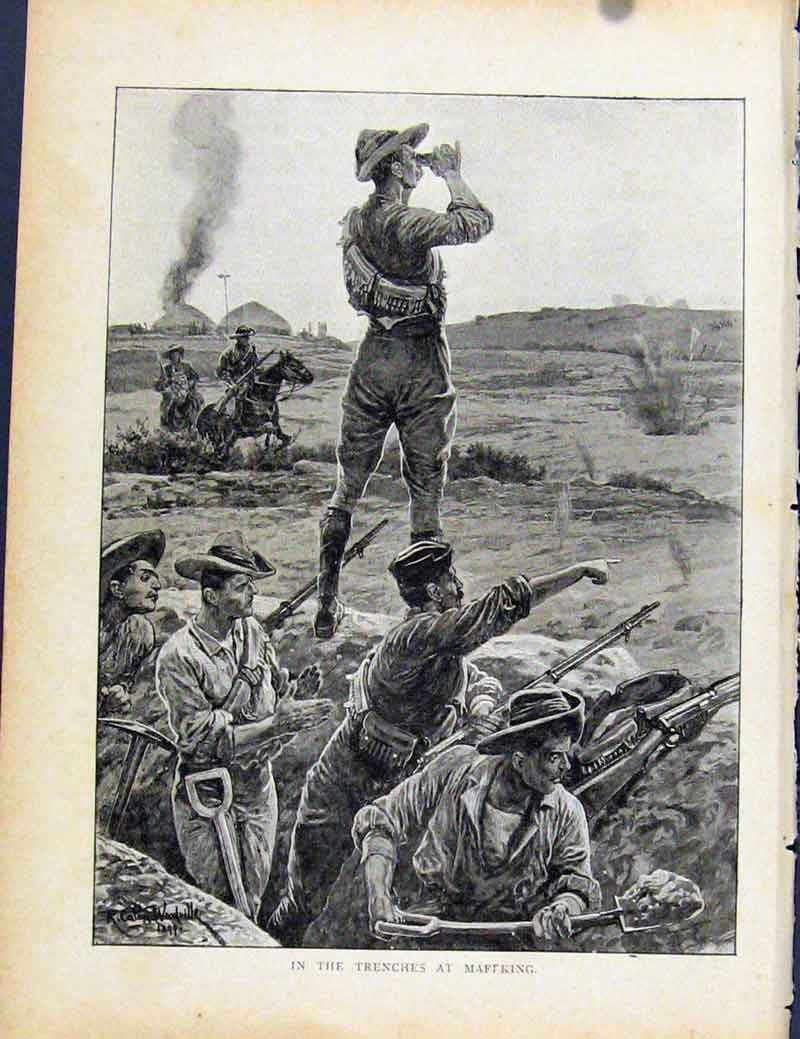 Original Old Antique Print Boer War By Richard Danes Trenches At Maffking