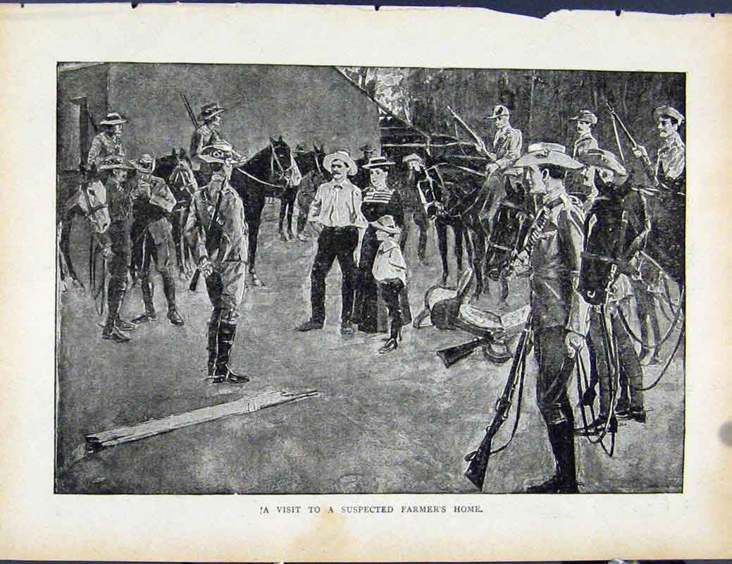 Original Old Antique Print Boer War By Richard Danes Visit To Suspected Farmer