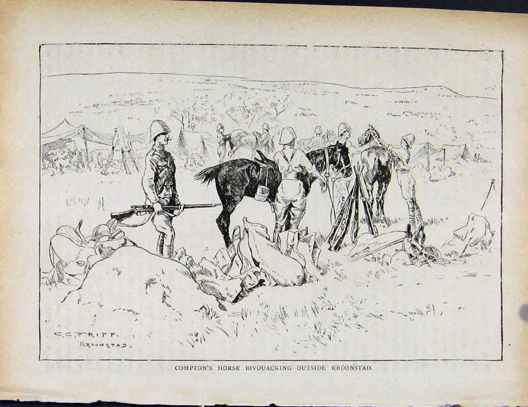 Original Old Antique Print Boer War By Richard Danes Comptons Horse Bivouacking