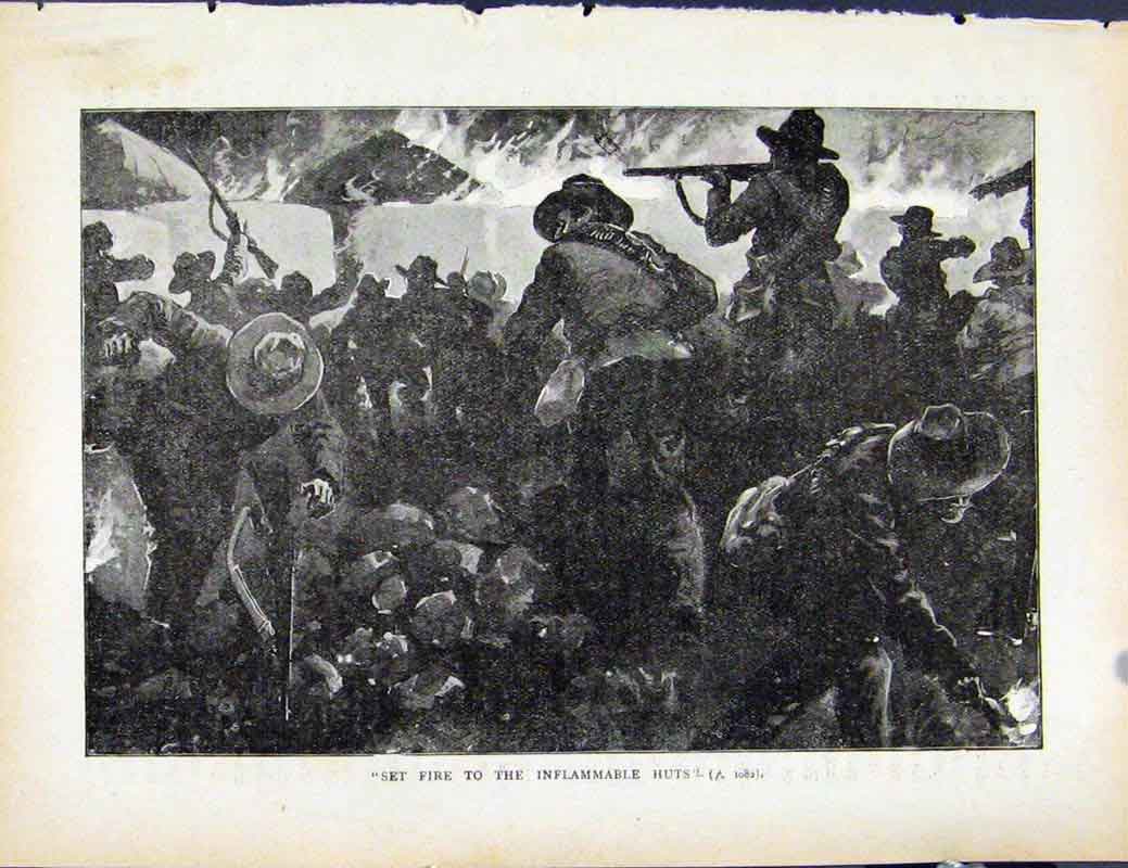 Original Old Antique Print Boer War By Richard Danes Set Fire To Huts