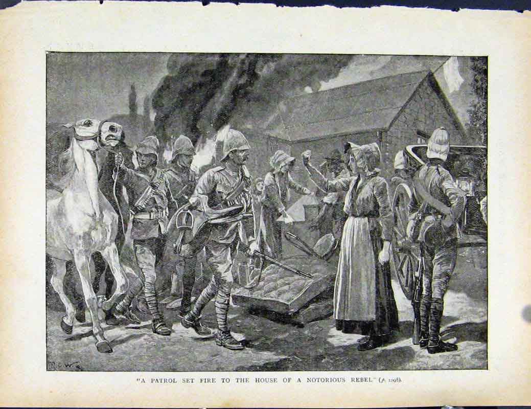 Original Old Antique Print Boer War By Richard Danes Patrol Set Fire To House
