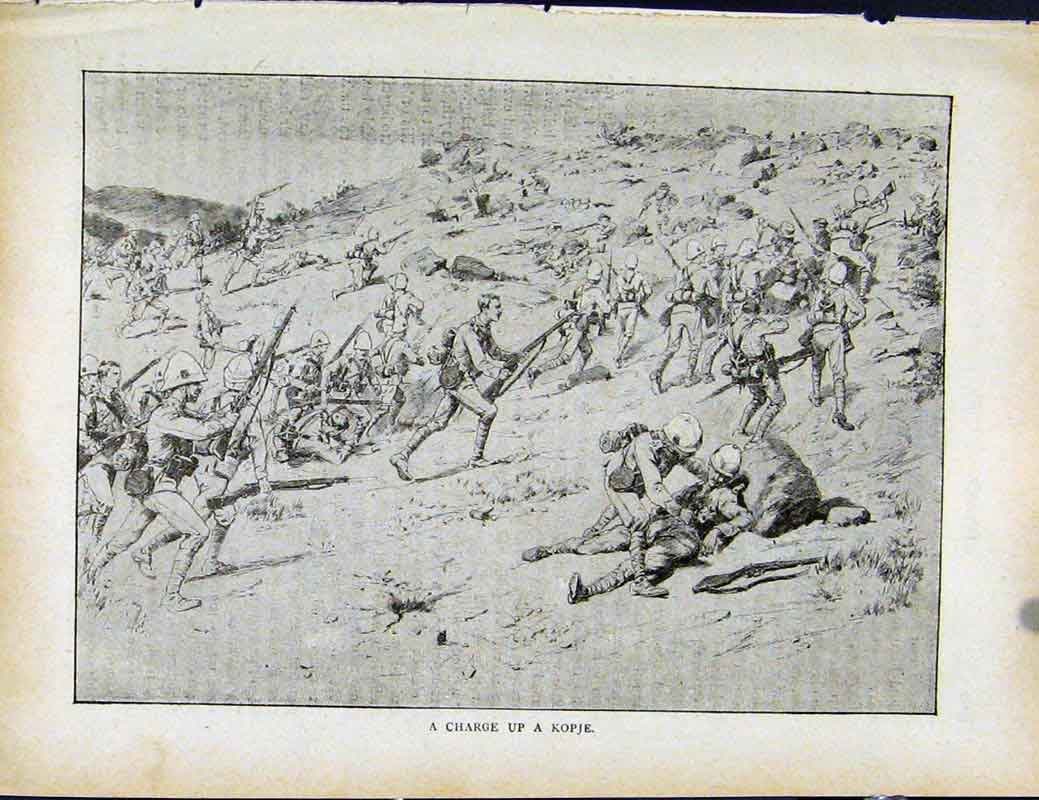 Original Old Antique Print Boer War By Richard Danes Charge Up A Kopje