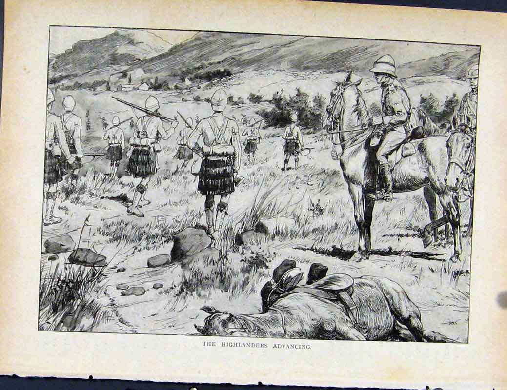 Original Old Antique Print Boer War By Richard Danes Highlanders Advancing