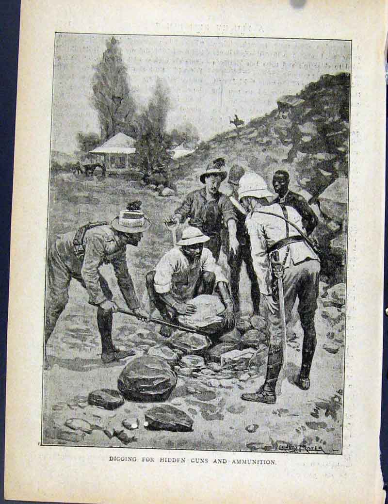 Original Old Antique Print Boer War By Richard Danes Digging Hidden Guns
