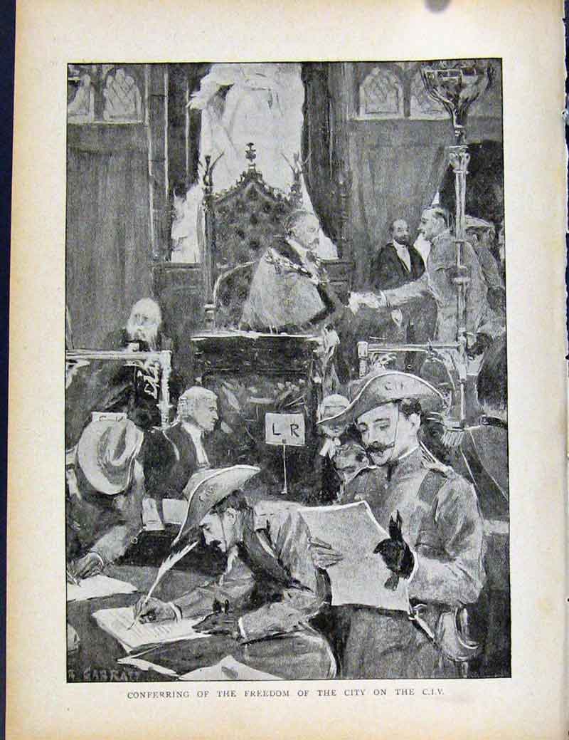 Original Old Antique Print Boer War By Richard Danes Conferring Freedom City Civ