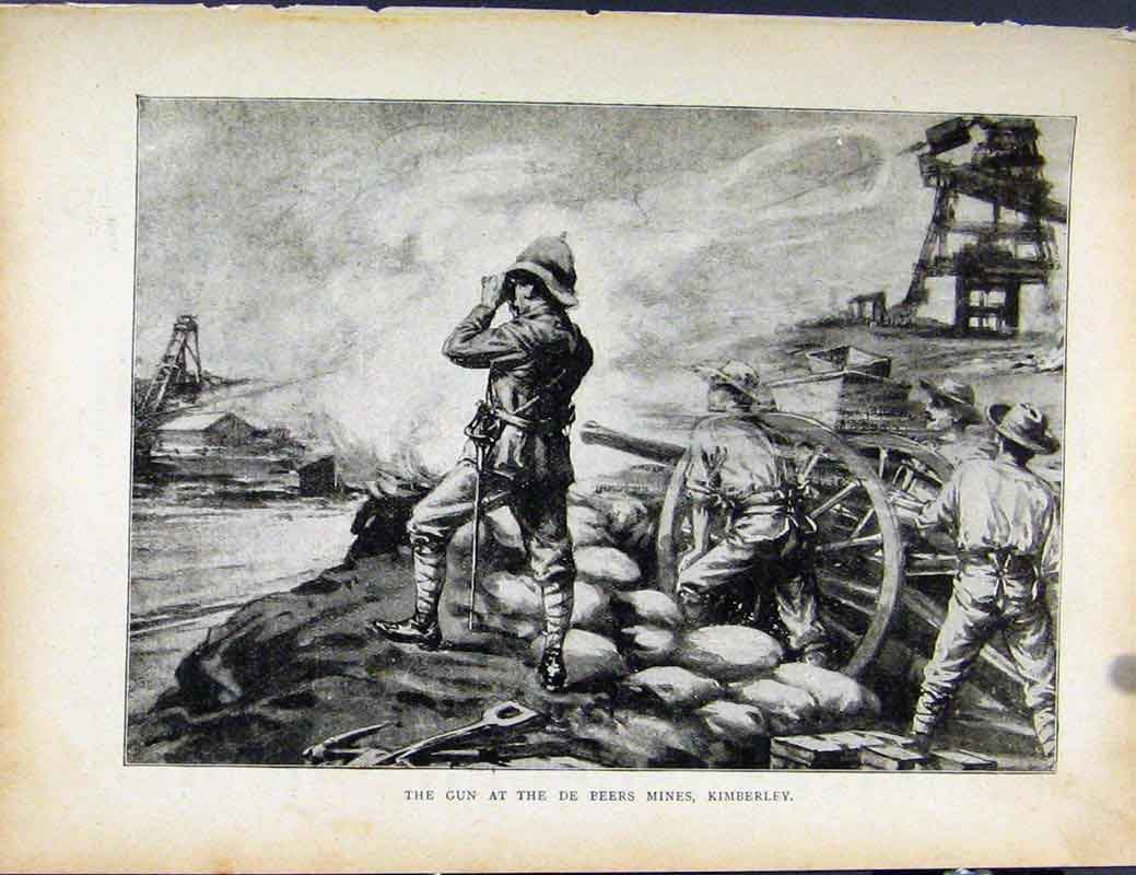 Old Antique Print Boer War Richard Danes Gun At De Beers Mines Kimberley