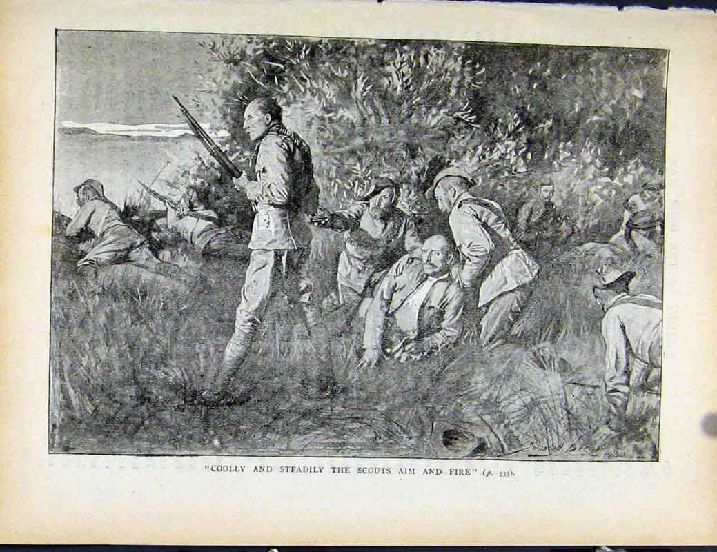 Original Old Antique Print Boer War By Richard Danes Coolly Steadily Scouts Fire