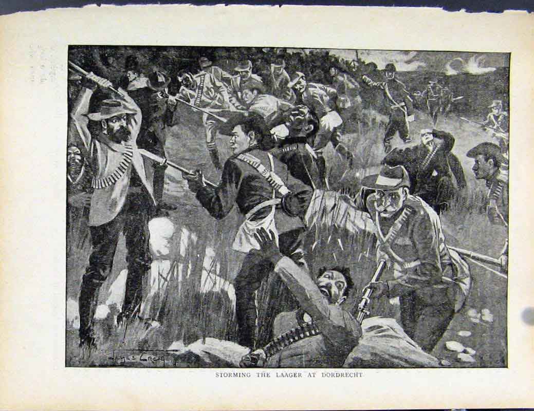 Original Old Antique Print Boer War By Richard Danes Storming Laager Dordrecht