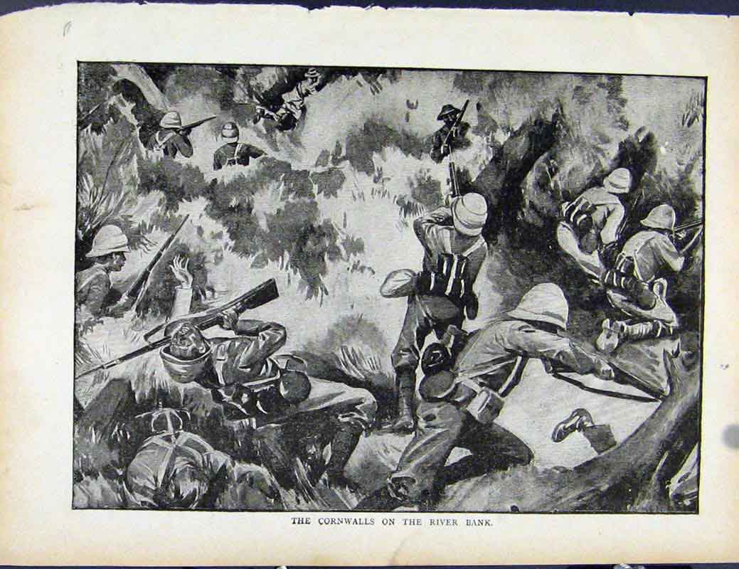 Original Old Antique Print Boer War By Richard Danes Cornwalls River Bank