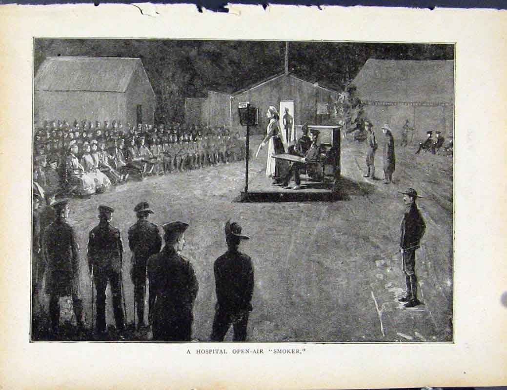 Original Old Antique Print Boer War By Richard Danes Hospital Open Air Smoker