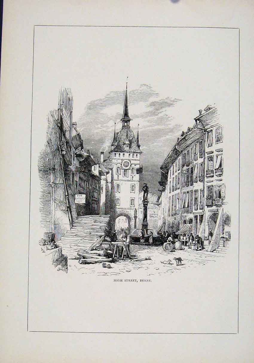 Original Old Antique Print High Street Berne Fine Art C1890 Switzerland 19th