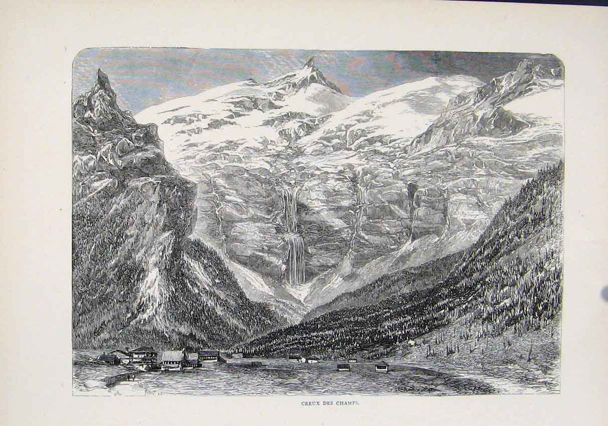 Original Old Antique Print Creux Des Champs Village Mountain C1890 Victorian
