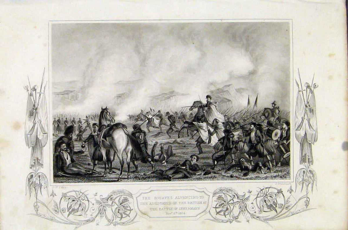 Original Old Antique Print Zouaves Advancing British At Battle Inkermann C1855