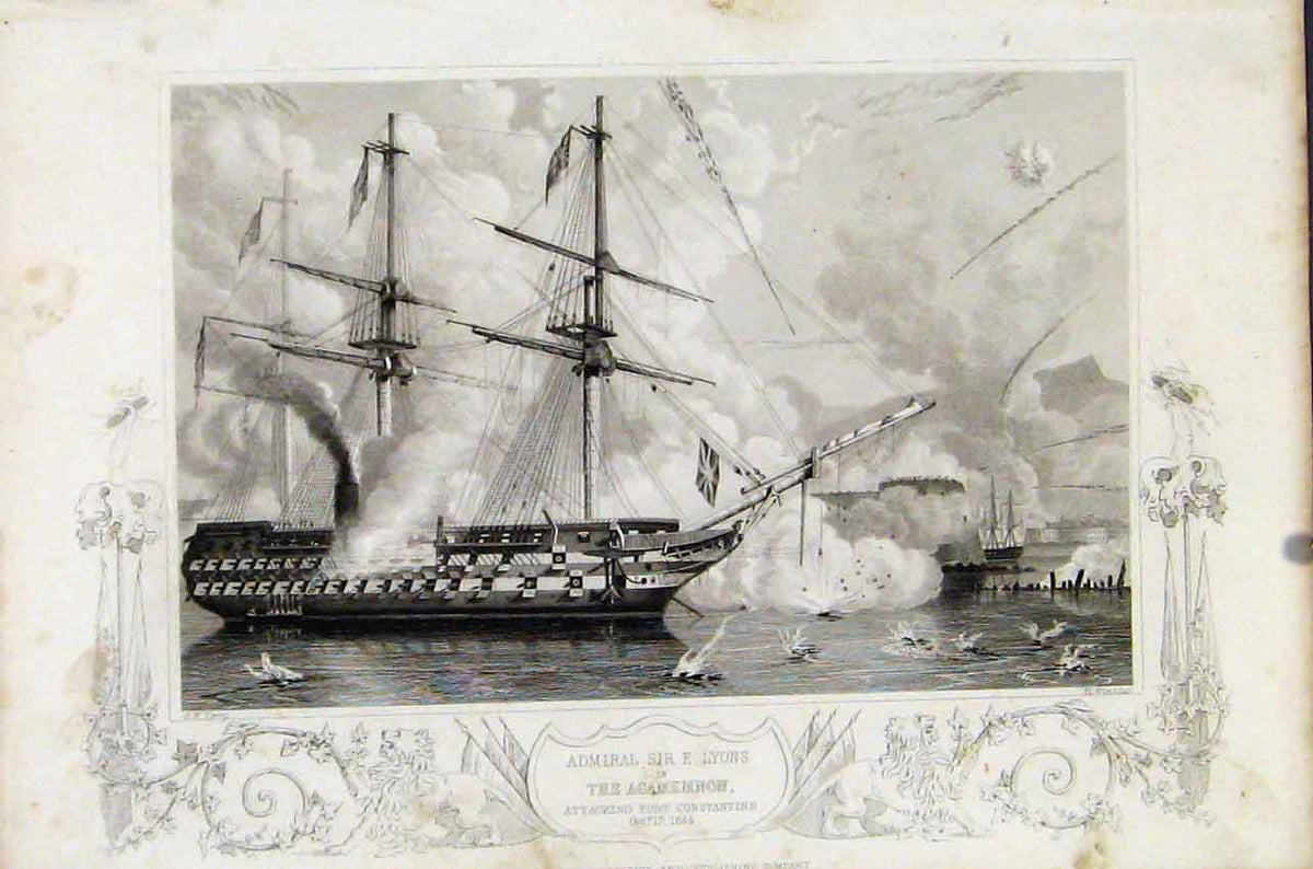 Old Antique Print Admiral Sir Agamemnon Attacking Fort Constantine C1855 19th