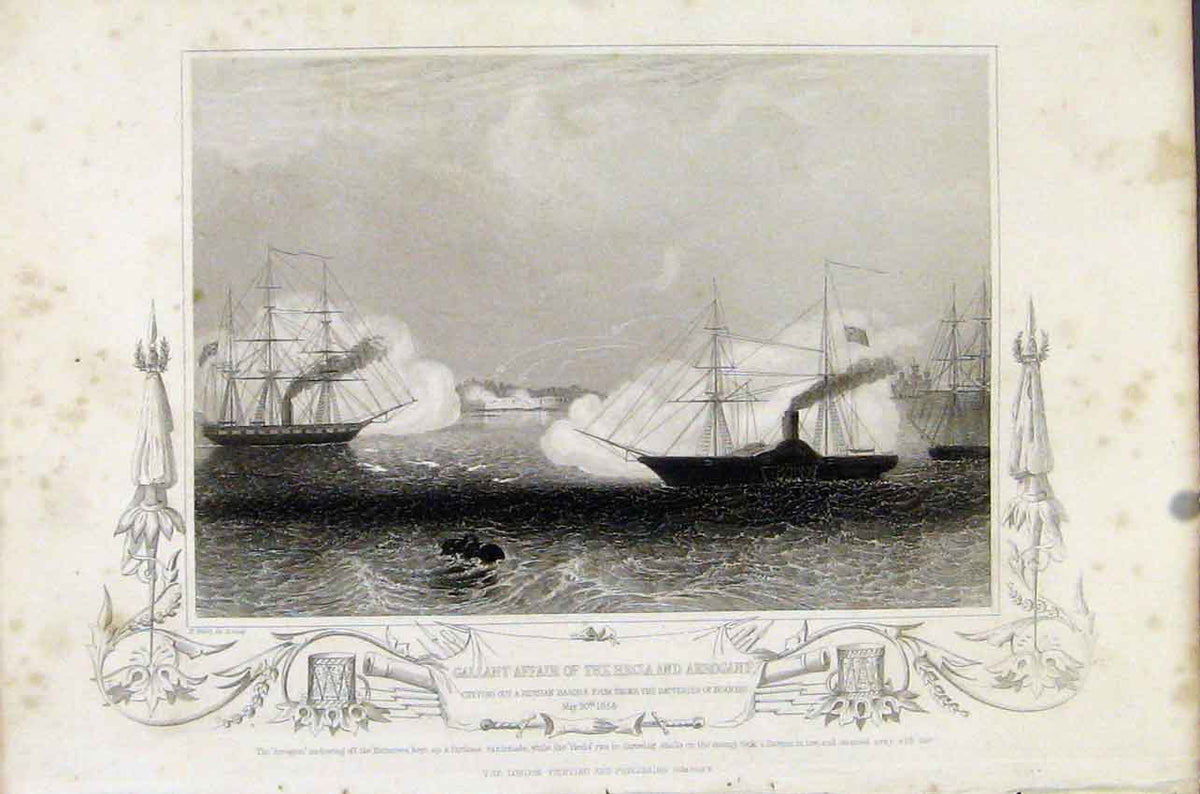 Original Old Antique Print Gallant Affair Hecla Arrogant Russian Barque