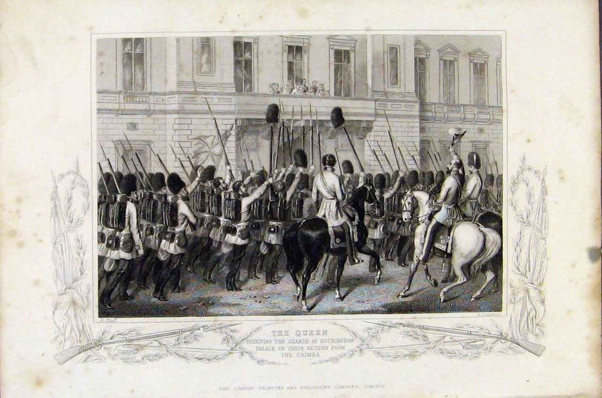 Original Old Antique Print Queen Reveiving Guards Buckingham Palace Crimea C1855