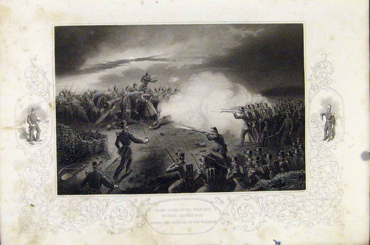 Original Old Antique Print Night Scene Trenches Debastopol Attack