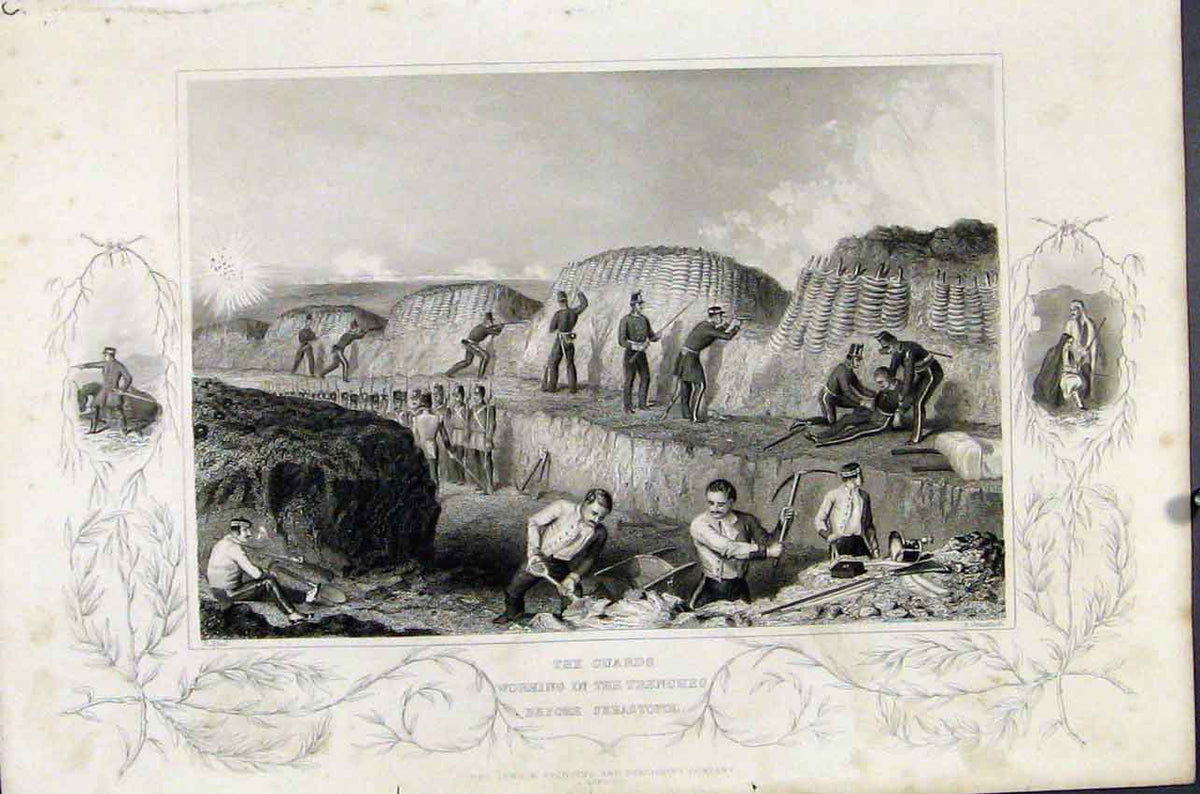 Original Old Antique Print Working Trenches Debastopol C1855 19th