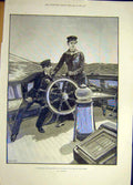 Original Old Antique Print 1890 Passengers Man Wheel Ship Sailor Lady Forestier