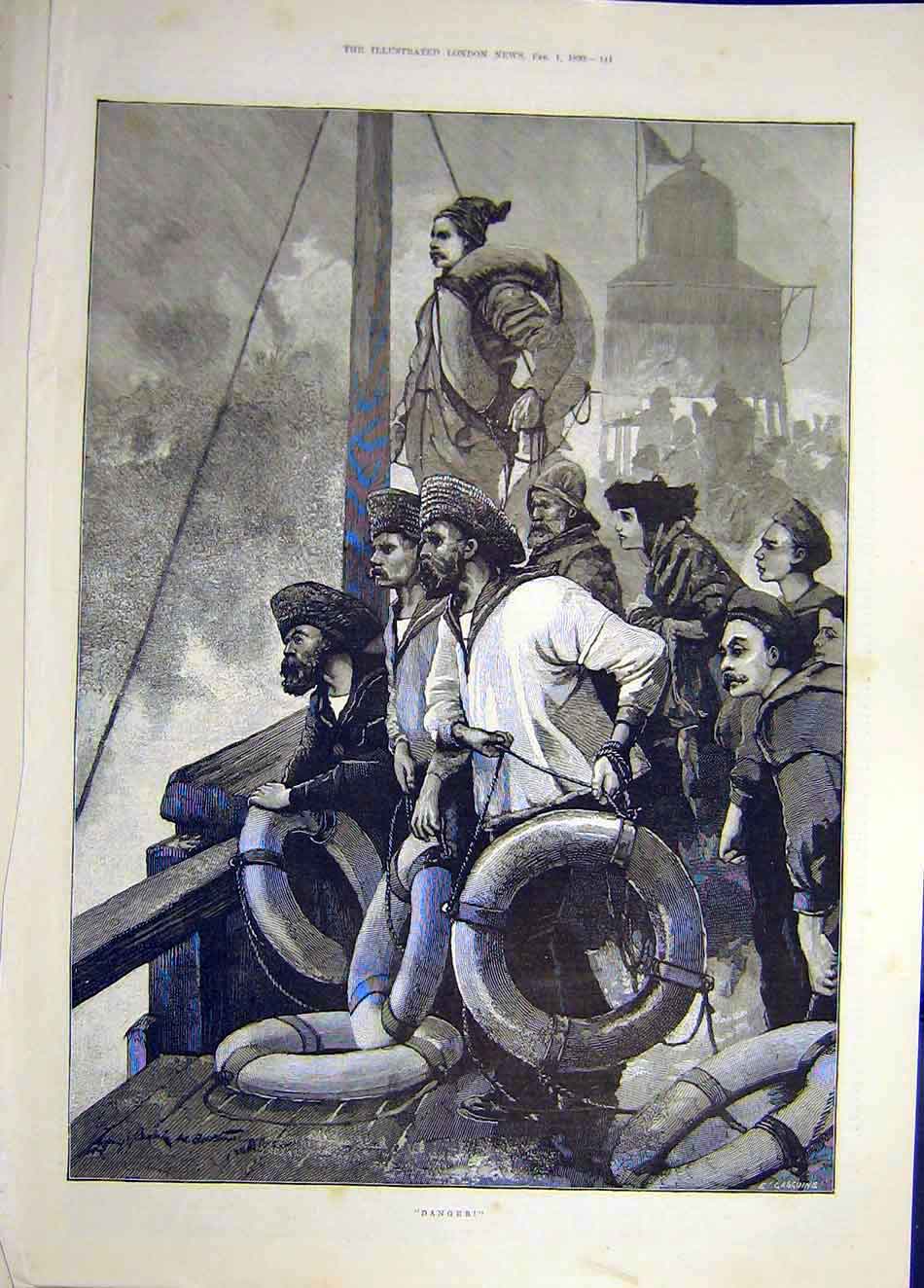 Original Old Antique Print 1890 Danger Ship Sailoors Sea Boat Storm Victorian