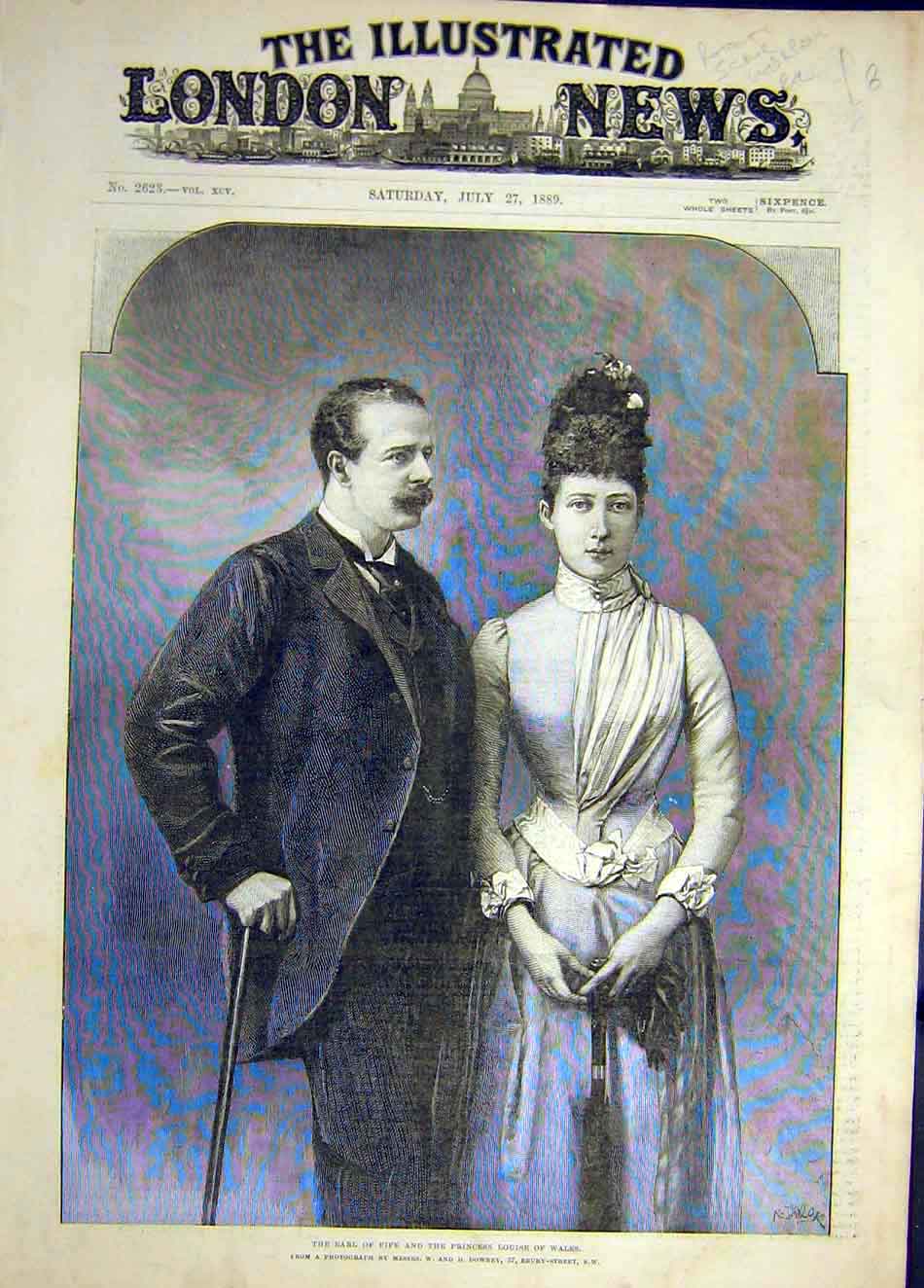 Original Old Antique Print 1889 Earl Fife Princess Louise Wales Portrait 19th