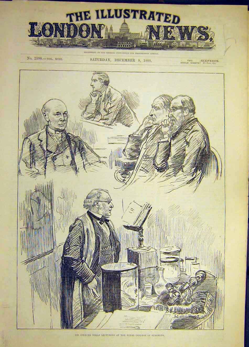 Original Old Antique Print Spencer-1888 Wells Surgeon College Royal Medical 19th