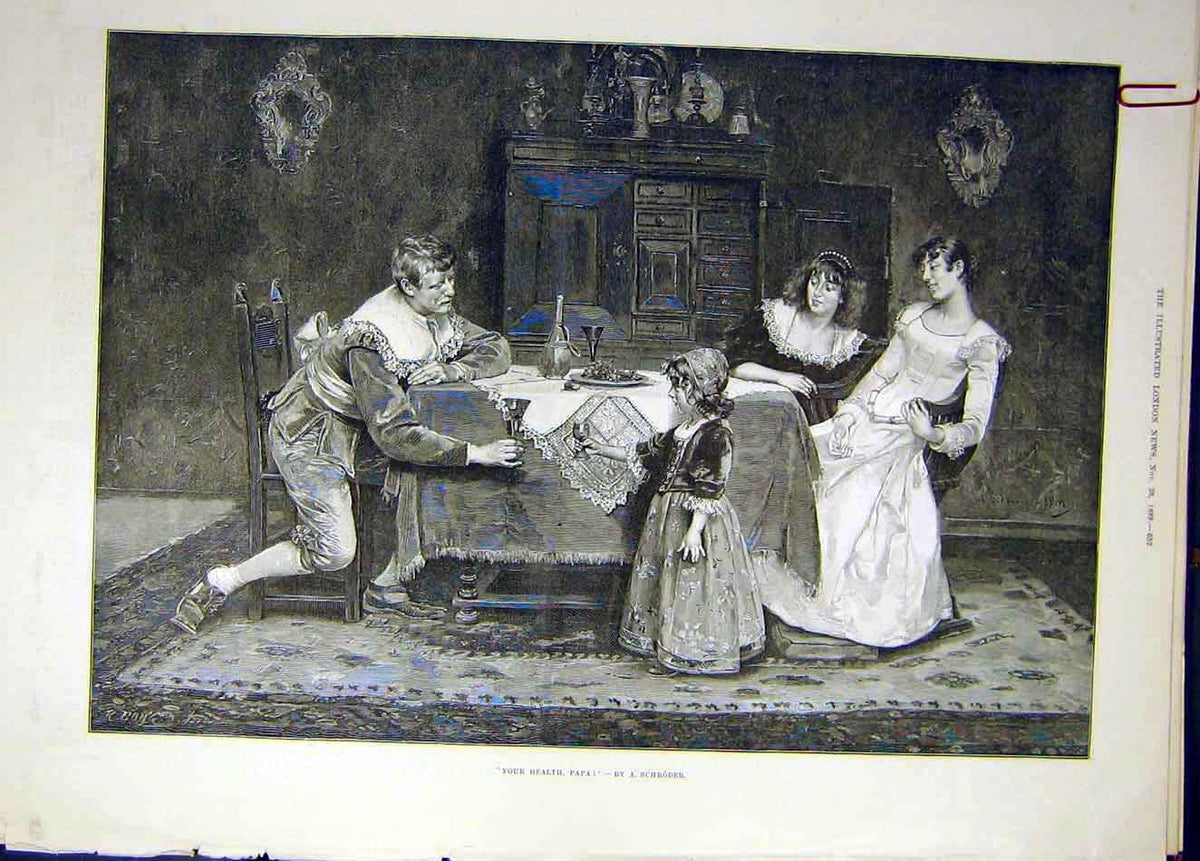 Original Old Antique Print 1889 Schroder Papa Health Girl Wine Family Portrait