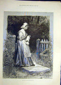 Original Old Antique Print 1891 Priscilla Portrait Knowles Lady Garden Sewing