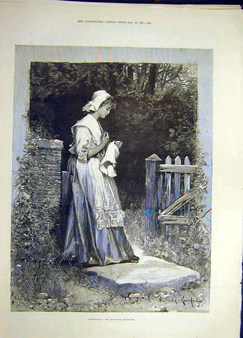 Original Old Antique Print 1891 Priscilla Portrait Knowles Lady Garden Sewing