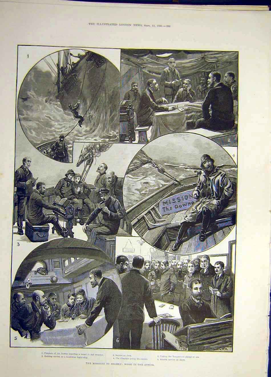 Original Old Antique Print 1891 Missions Seamen Work Downs Boat Service Deck