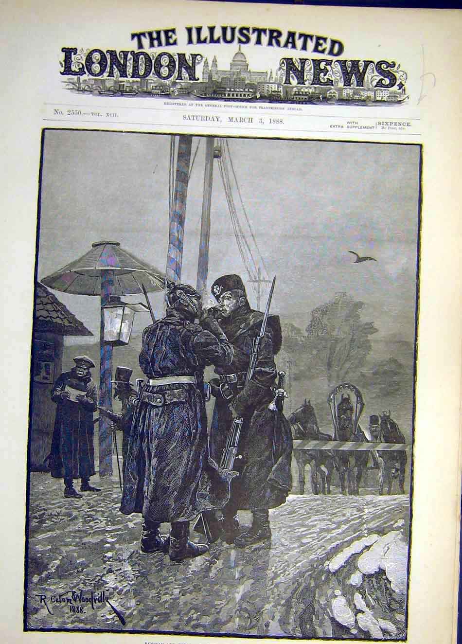 Original Old Antique Print 1888 Russian German Frontier Guards Exchanginf Fire
