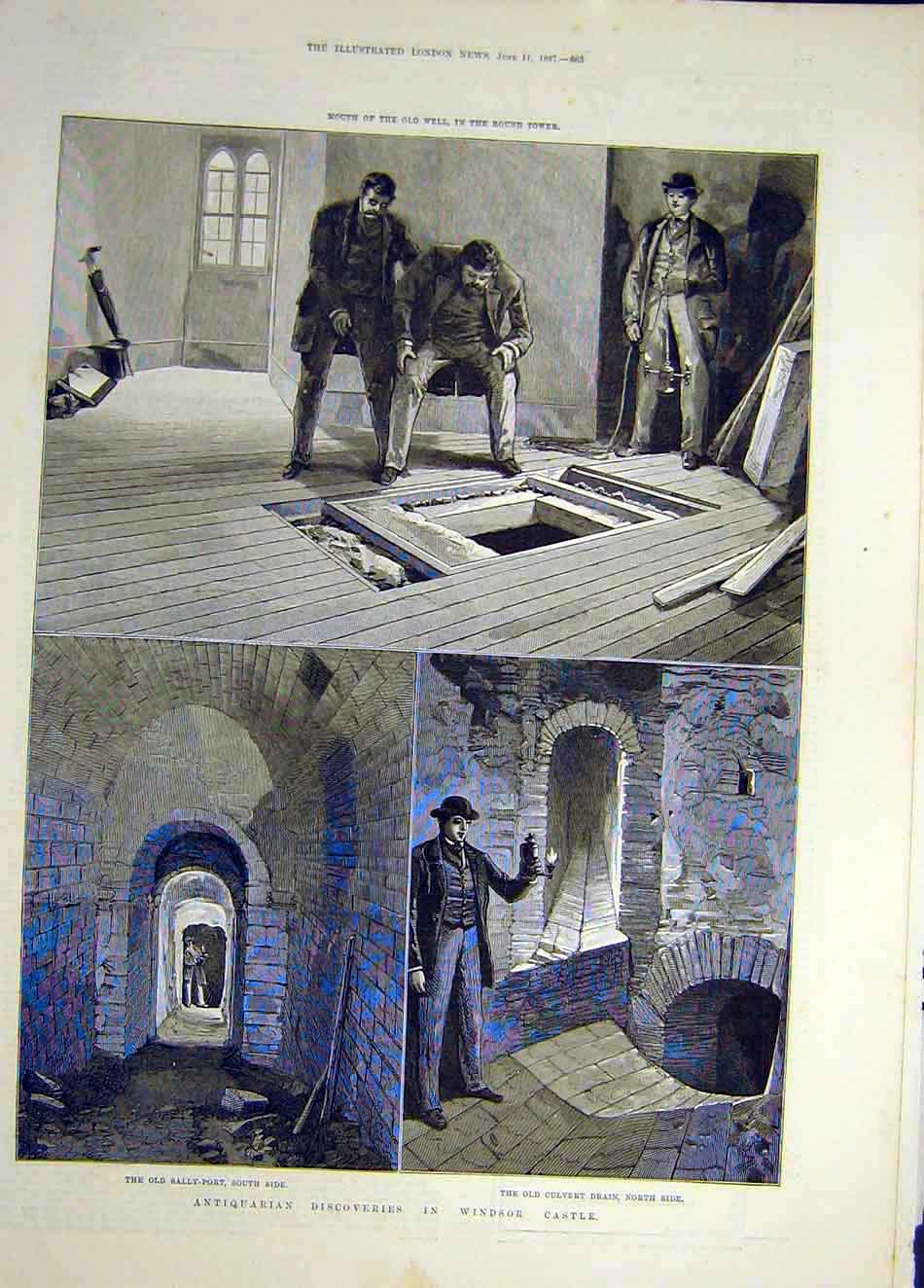Original Old Antique Print 1887 -Well Round-Tower Windsor Castle Sally-Port 19th