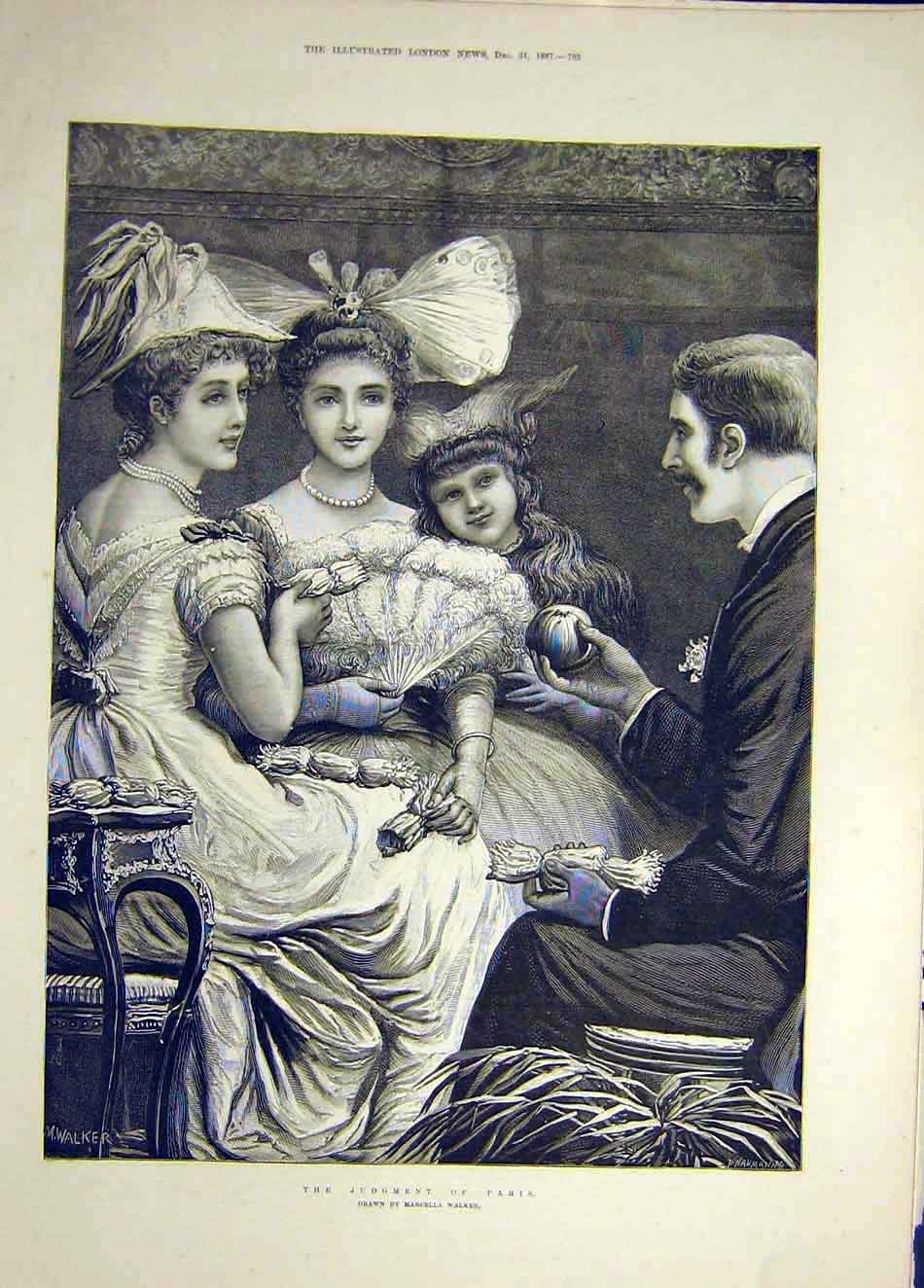 Original Old Antique Print 1887 Judgement Paris Walker Ladies Man 19th