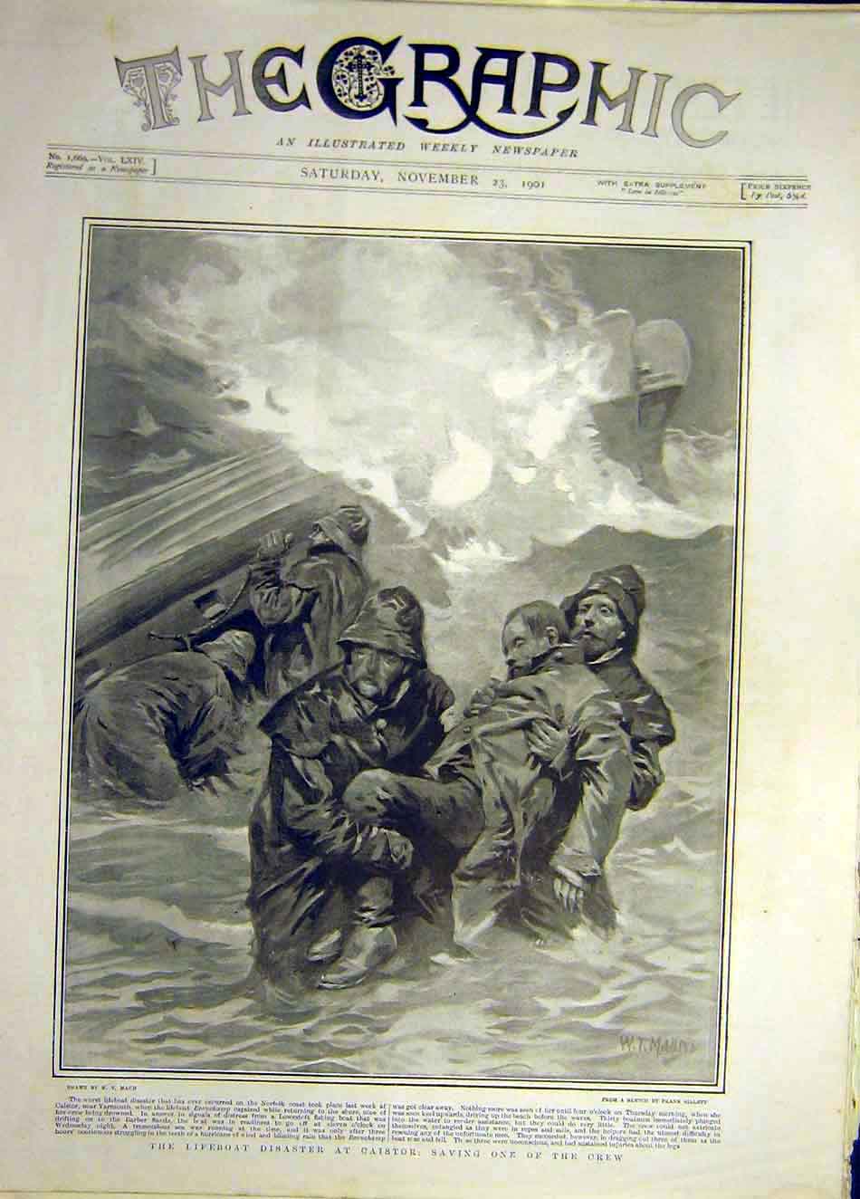 Original Old Antique Print 1901 Lifeboat Disaster Caistor Crew Norfolk Victorian
