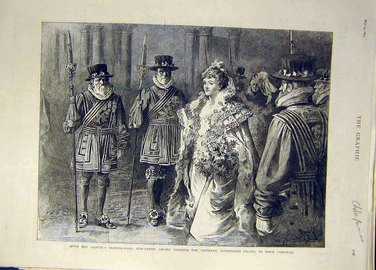 Original Old Antique Print 1893 Debutantes Buckingham Palace Chelsea Pensioners