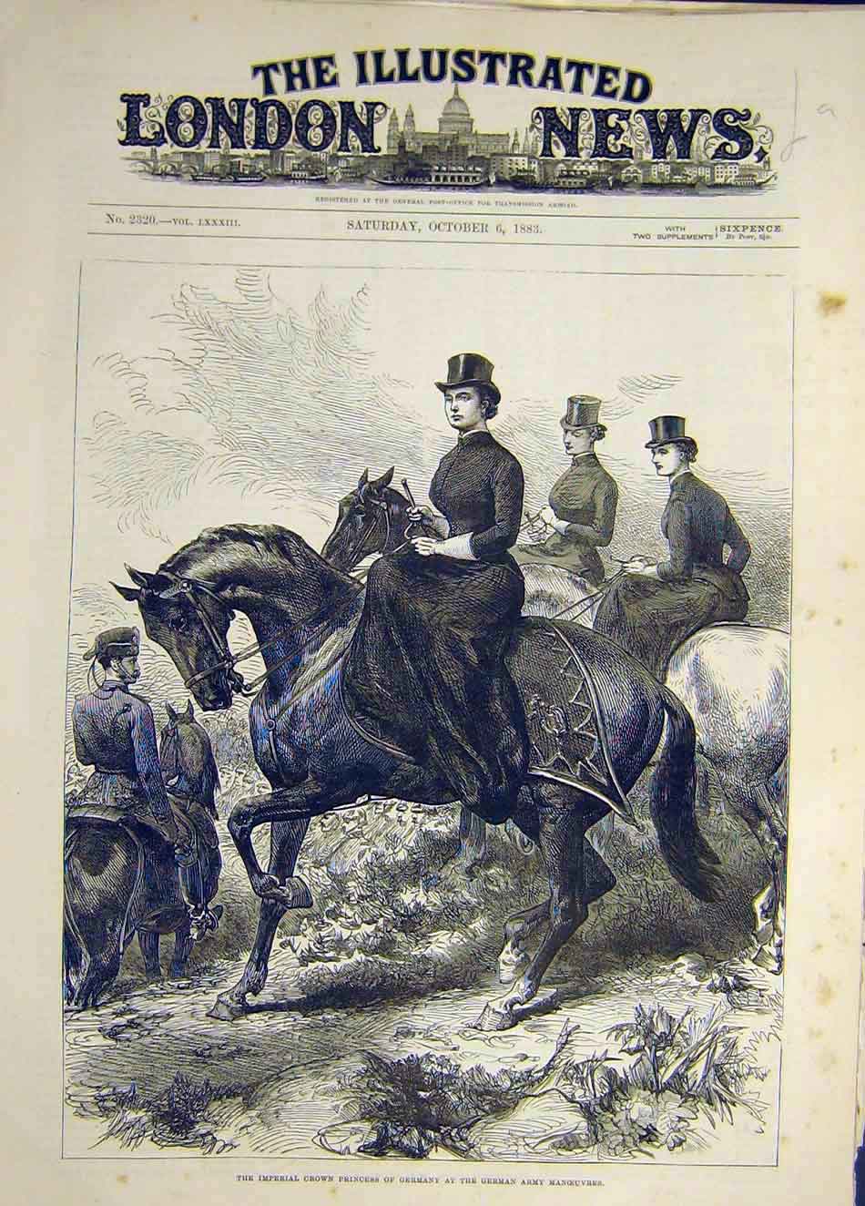 Original Old Antique Print 1883 Imperial Crown Princess Germany Army Manoeuvres