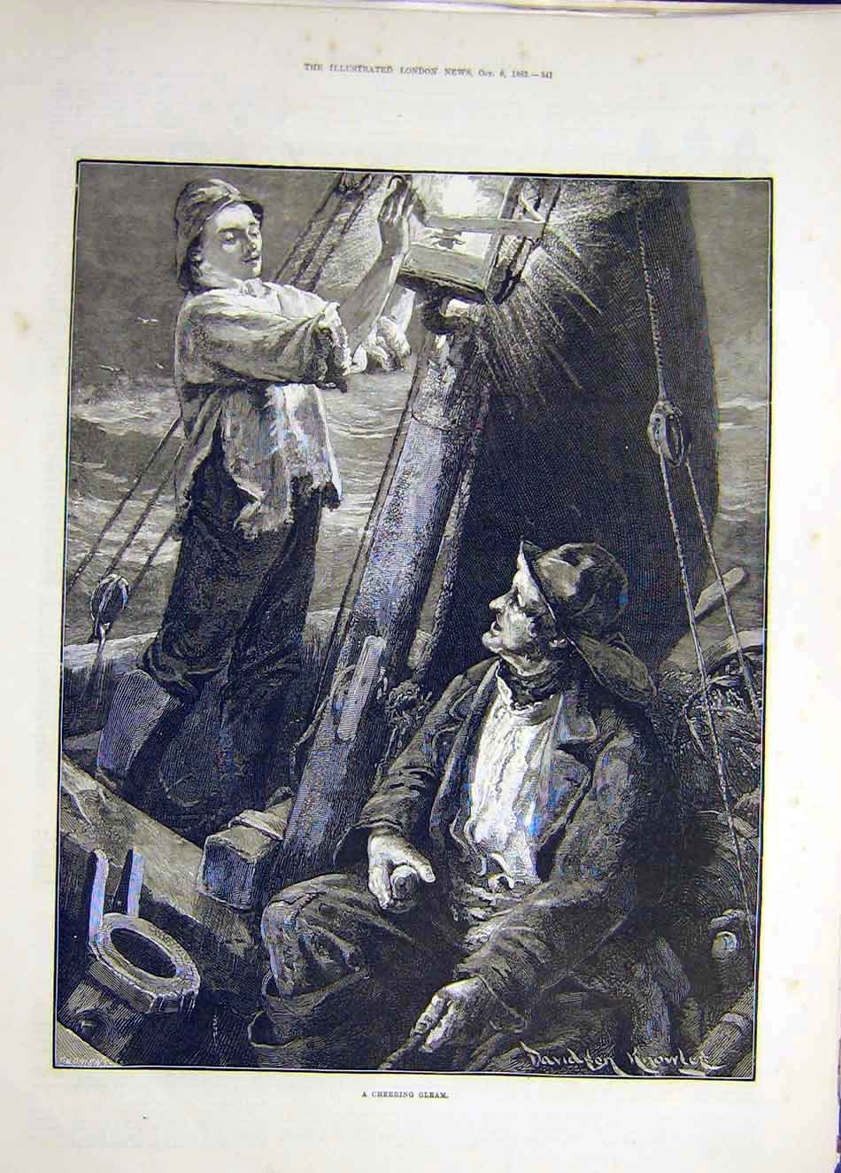 Original Old Antique Print 1883 Cheering-Gleam Light Boat Knowles 19th