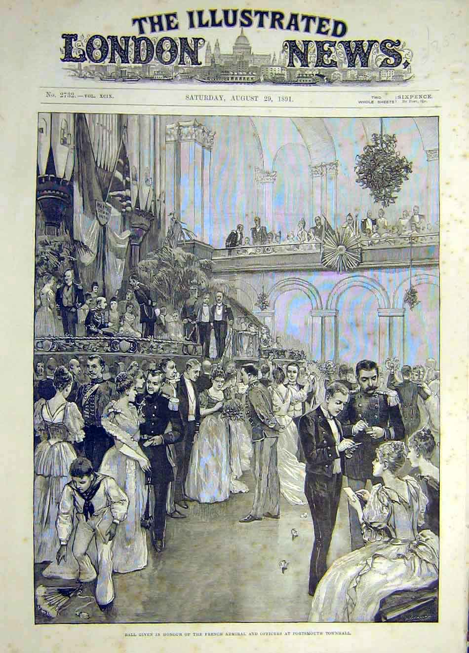 Original Old Antique Print 1891 Ball French Admiral Officers Portsmouth Townhall