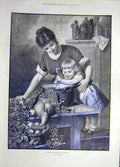 Original Old Antique Print 1889 Christmas Pudding Cook Child Lady Bird Brown