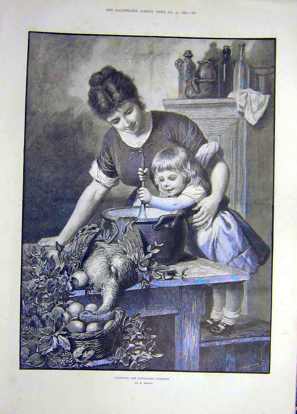 Original Old Antique Print 1889 Christmas Pudding Cook Child Lady Bird Brown