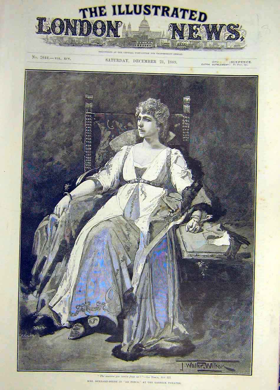 Original Old Antique Print 1889 Portrait Berard-Beere La-Tosca Theatre Victorian