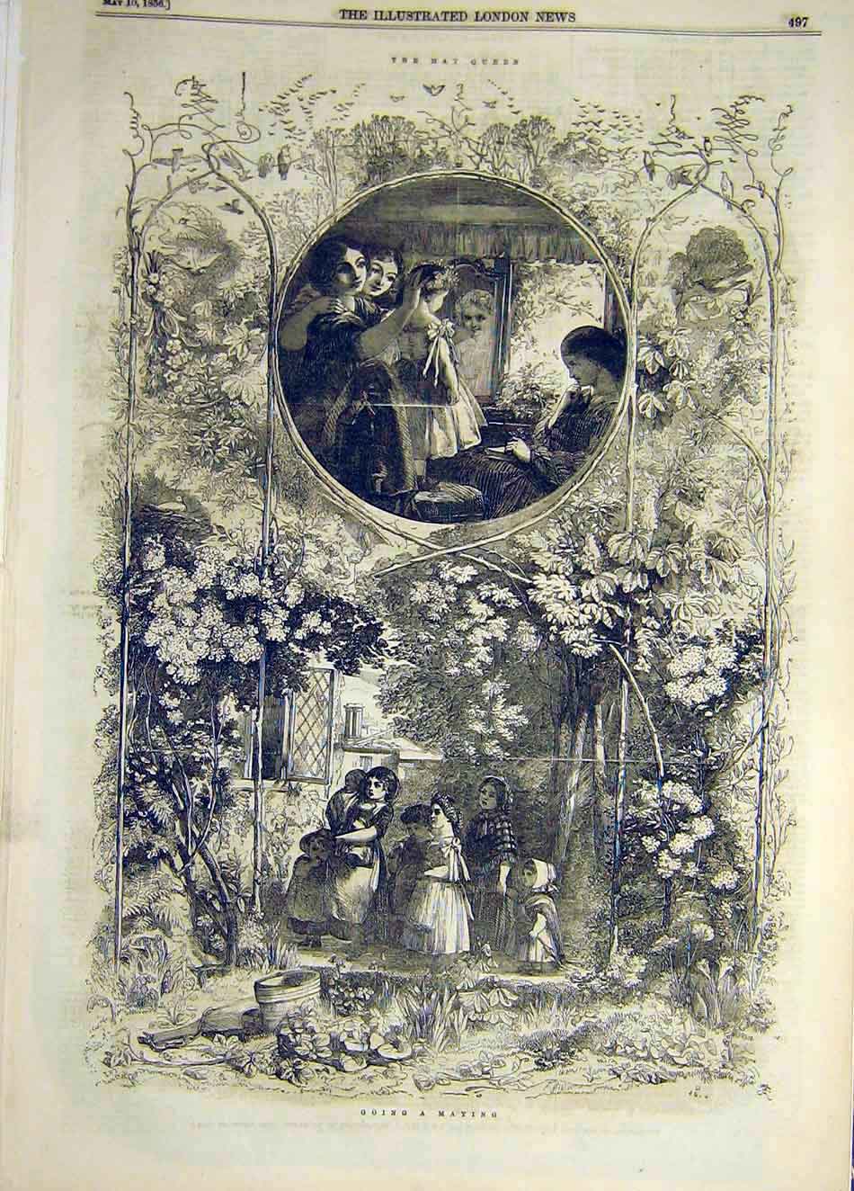 Original Old Antique Print 1856 Going-A-Maying Mayflowers May-Queen Victorian