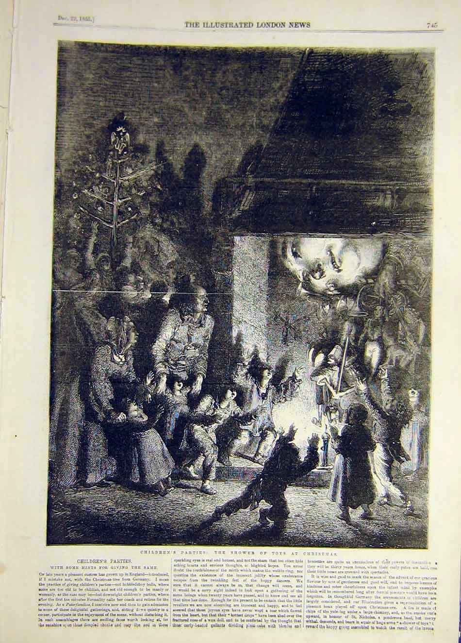 Original Old Antique Print 1855 Children Party Toys Christmas 19th