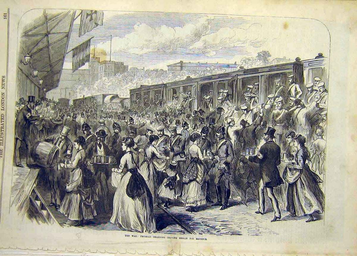 Original Old Antique Print 1870 War Prussian Dragoons Berlin Mayence Troops 19th