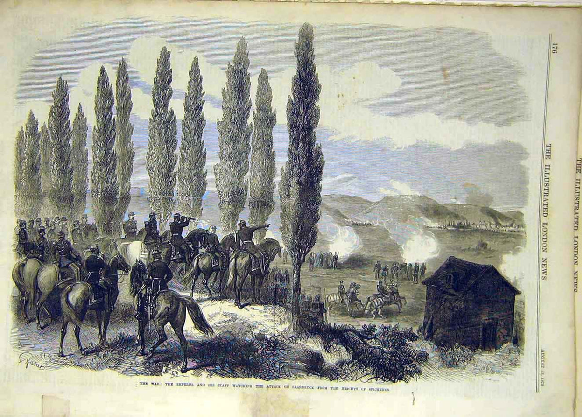 Original Old Antique Print 1870 War Saarbruck Spicheren Troops Emperor Staff