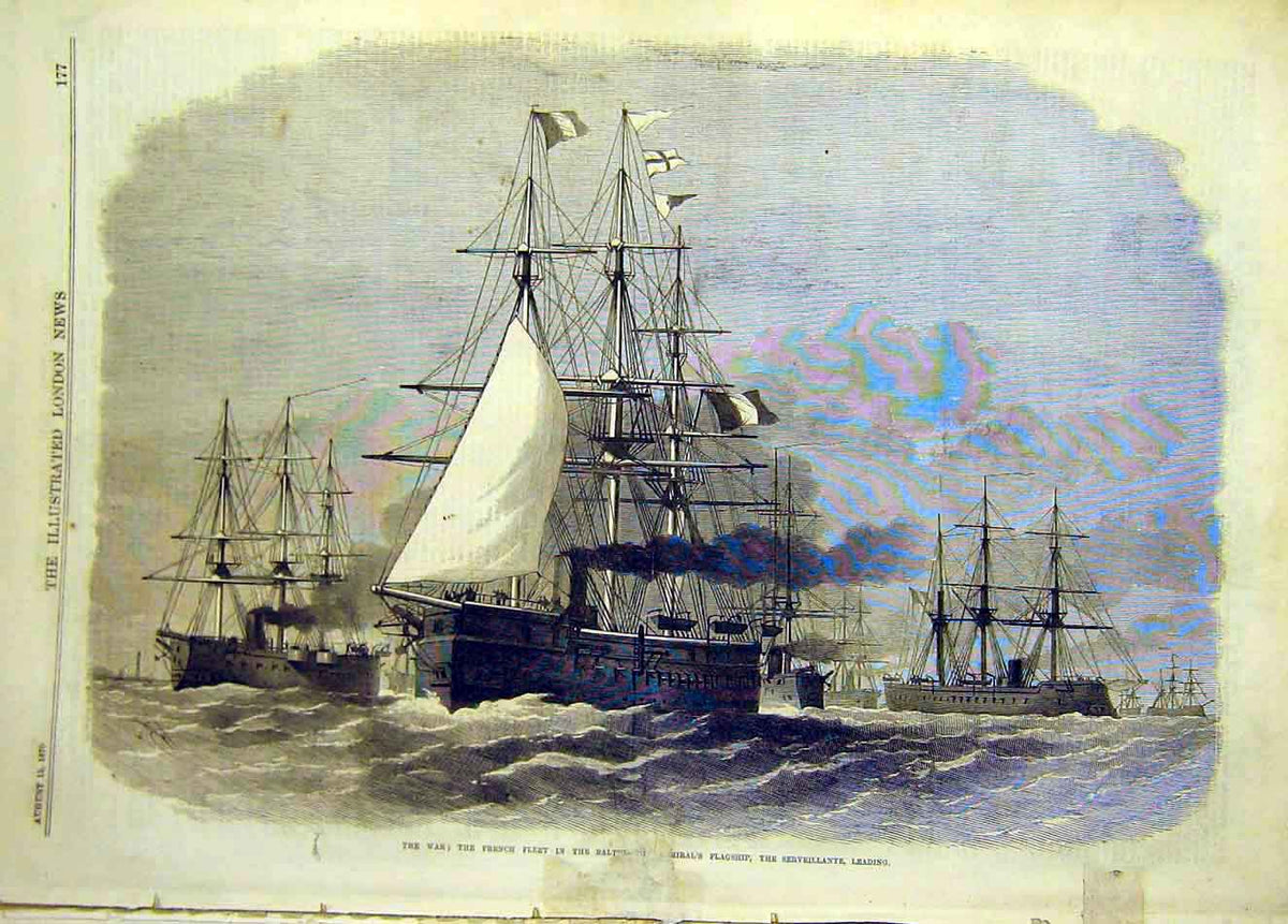 Original Old Antique Print 1870 War French Fleet Baltic Flagship Serveillante