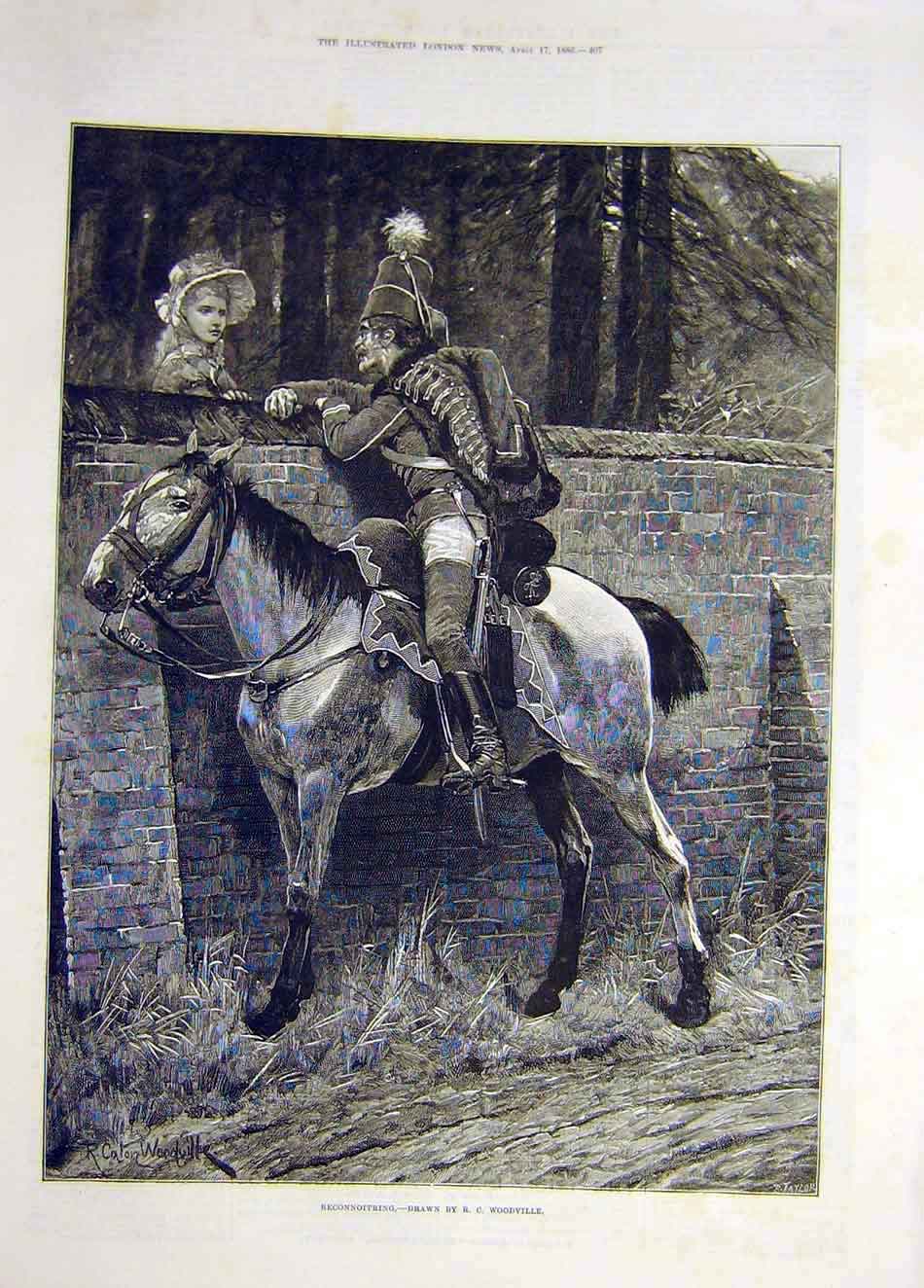 Original Old Antique Print 1886 Reconnoitering Sier Lady Woodville Fine Art 19th